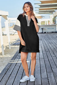 Wenrine Women's Black Color Block Polo Sweatshirt Dress