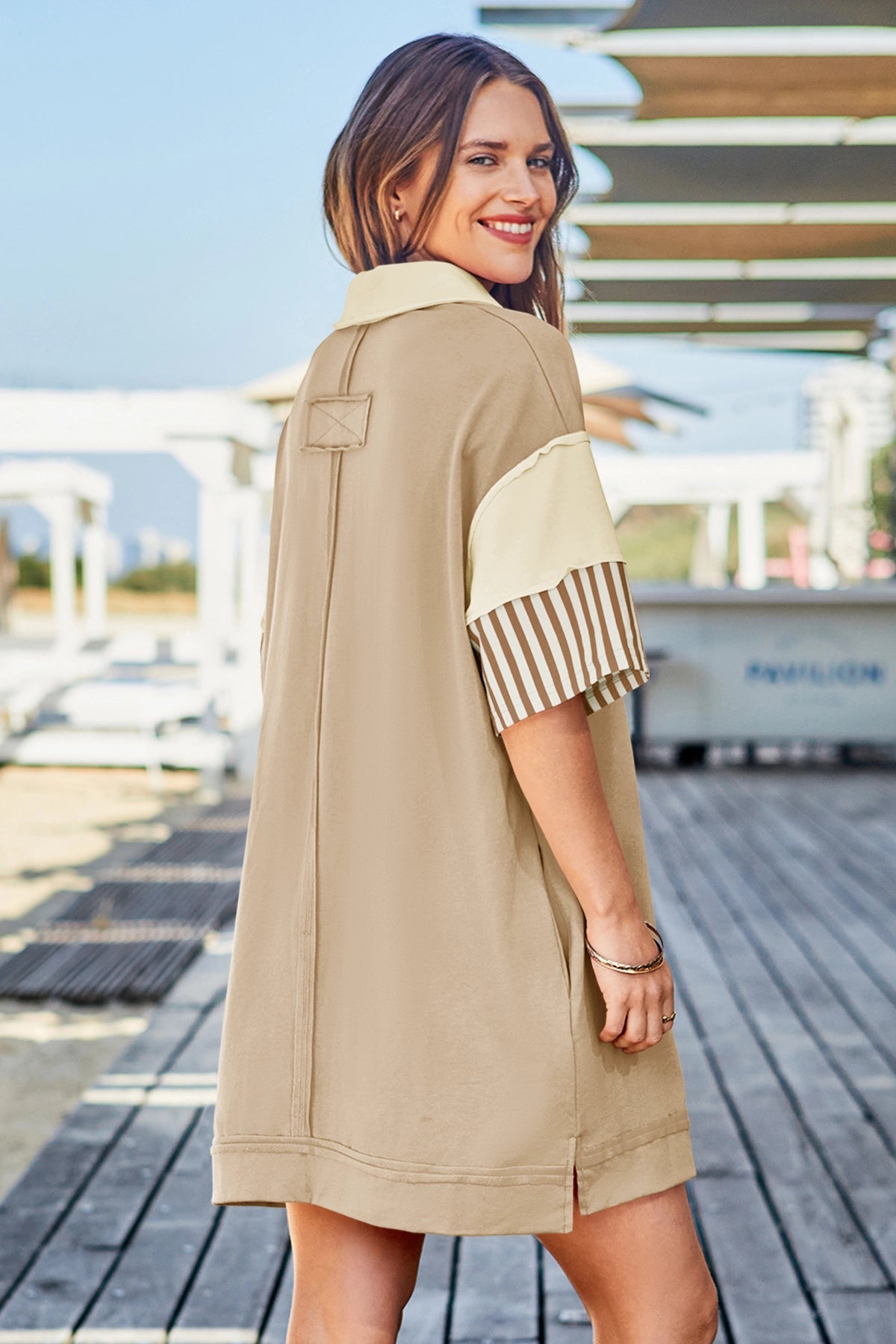 Wenrine Women's Khaki Color Block Polo Sweatshirt Dress