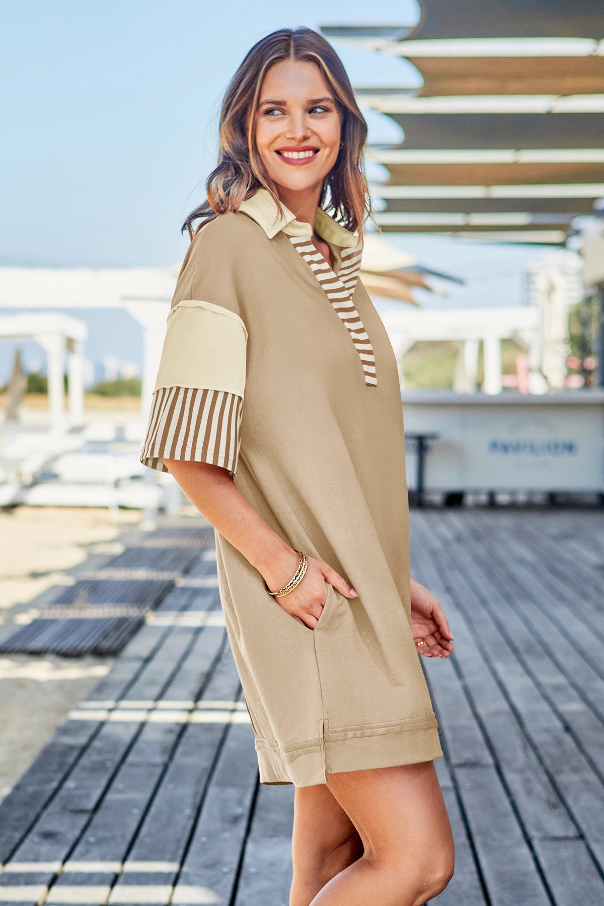 Wenrine Women's Khaki Color Block Polo Sweatshirt Dress