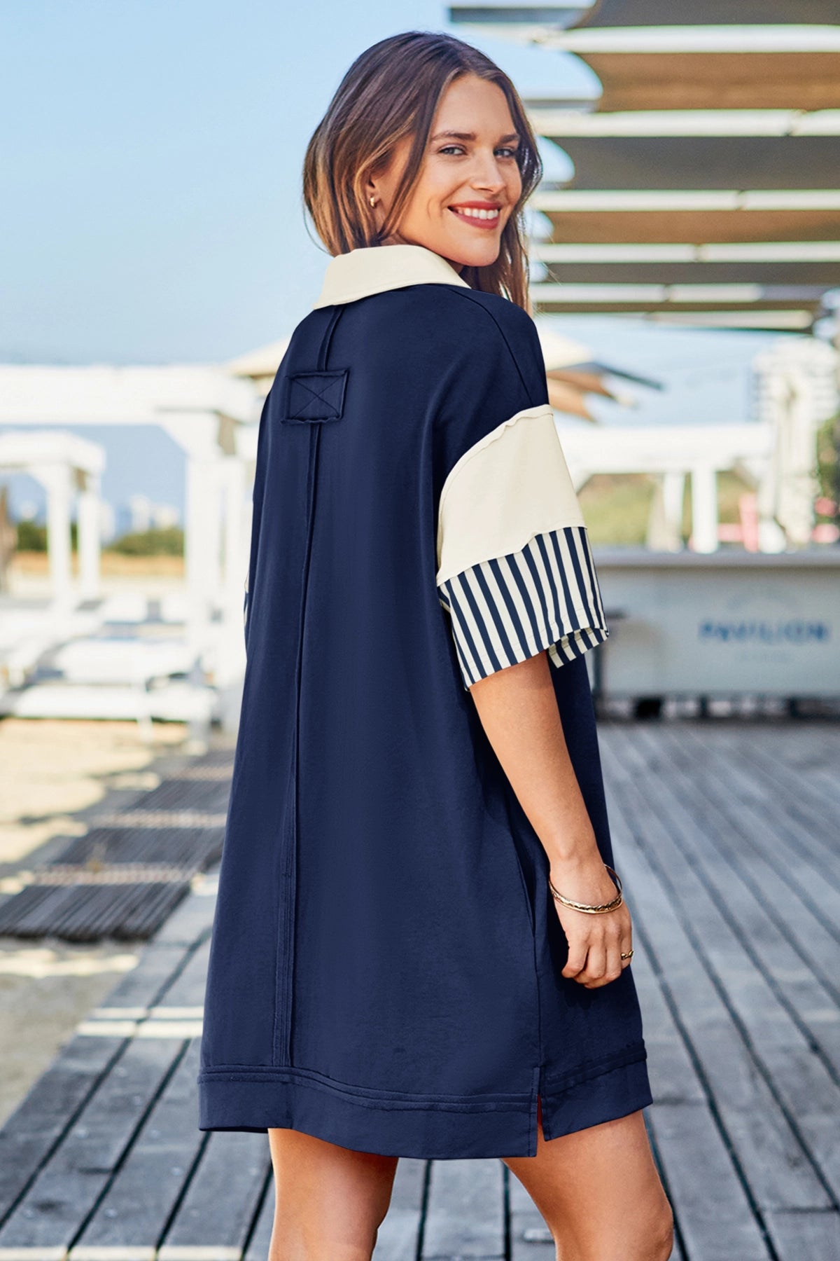 Wenrine Women's Navy Color Block Polo Sweatshirt Dress