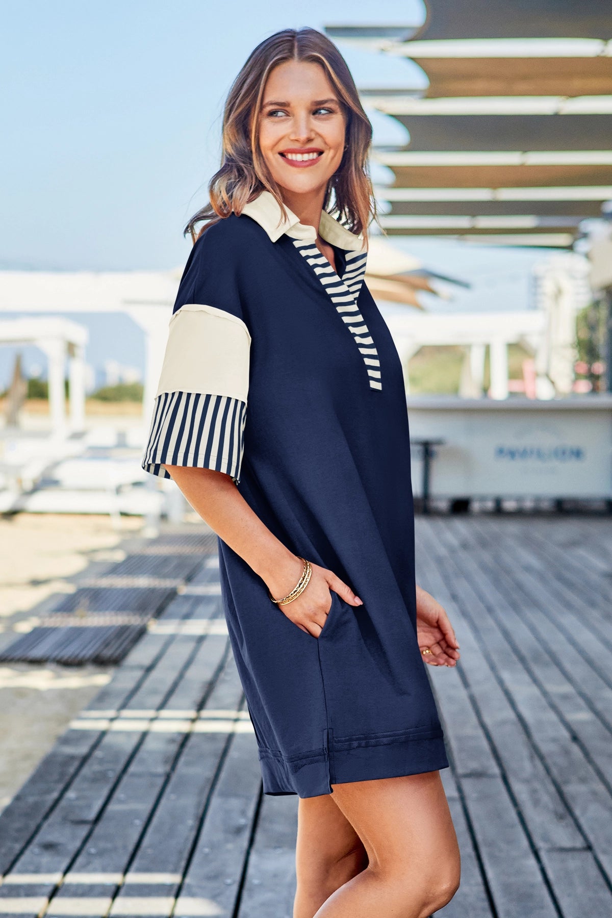 Wenrine Women's Navy Color Block Polo Sweatshirt Dress