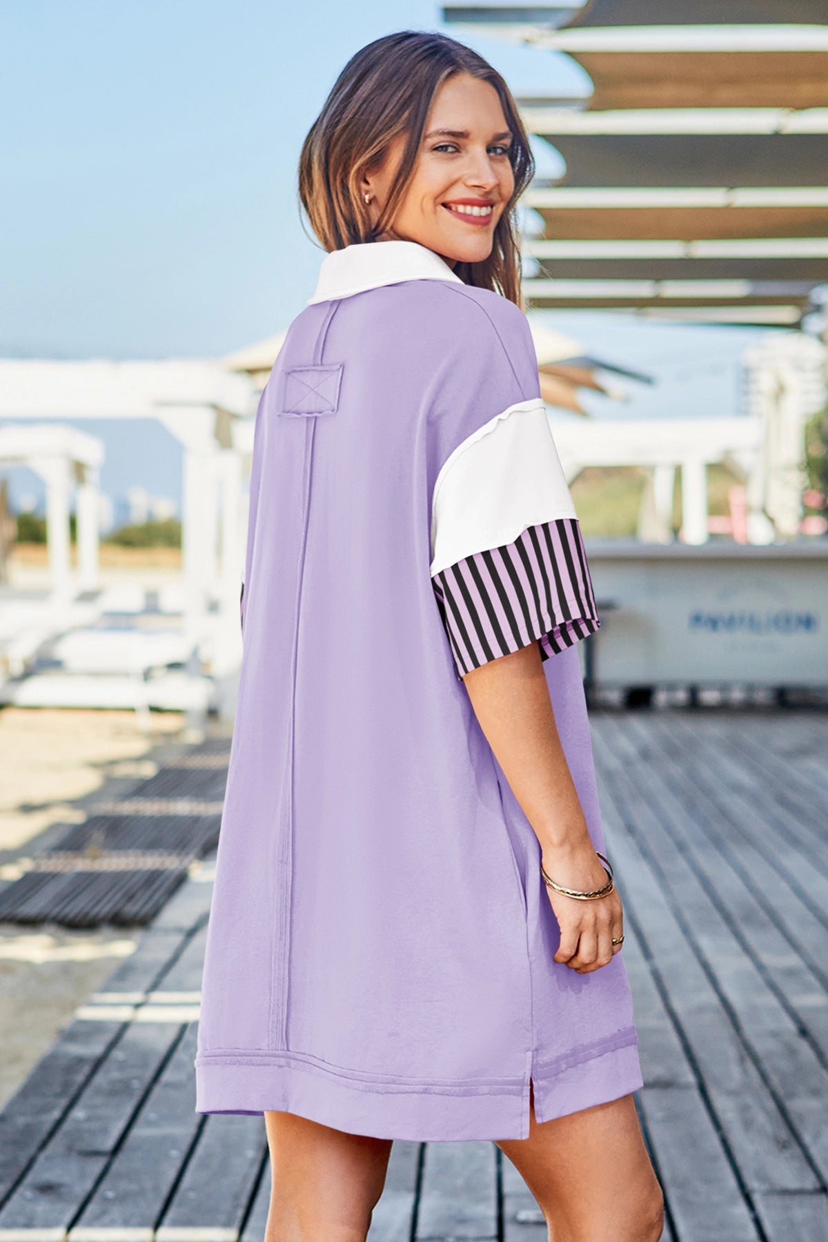 Wenrine Women's Light Purple Color Block Polo Sweatshirt Dress