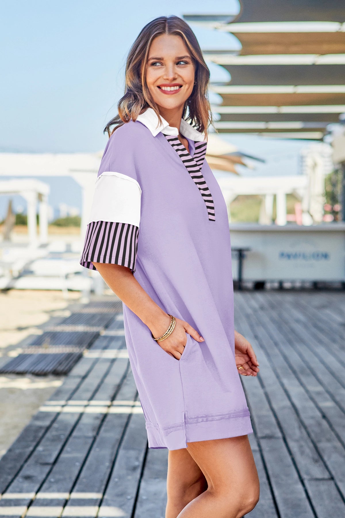 Wenrine Women's Light Purple Color Block Polo Sweatshirt Dress