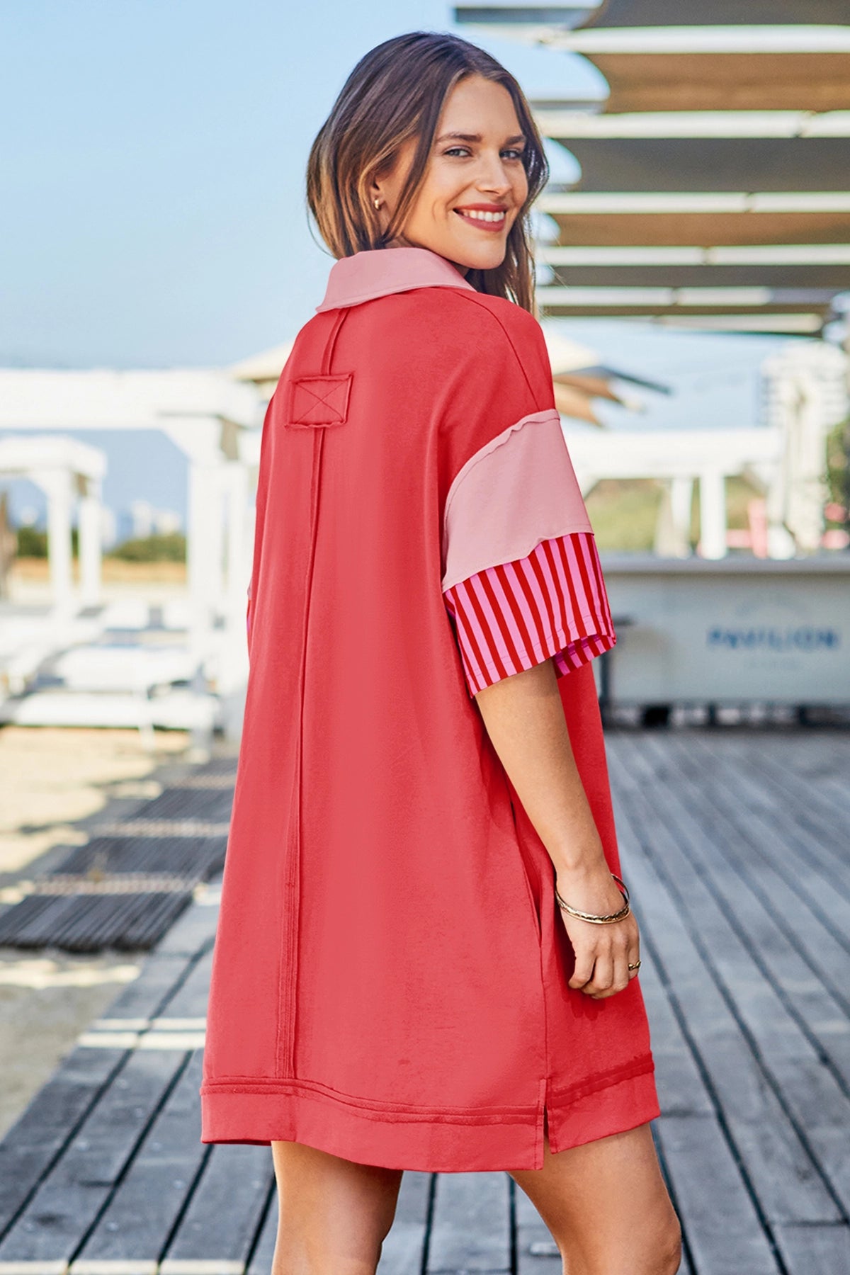 Wenrine Women's Red Color Block Polo Sweatshirt Dress