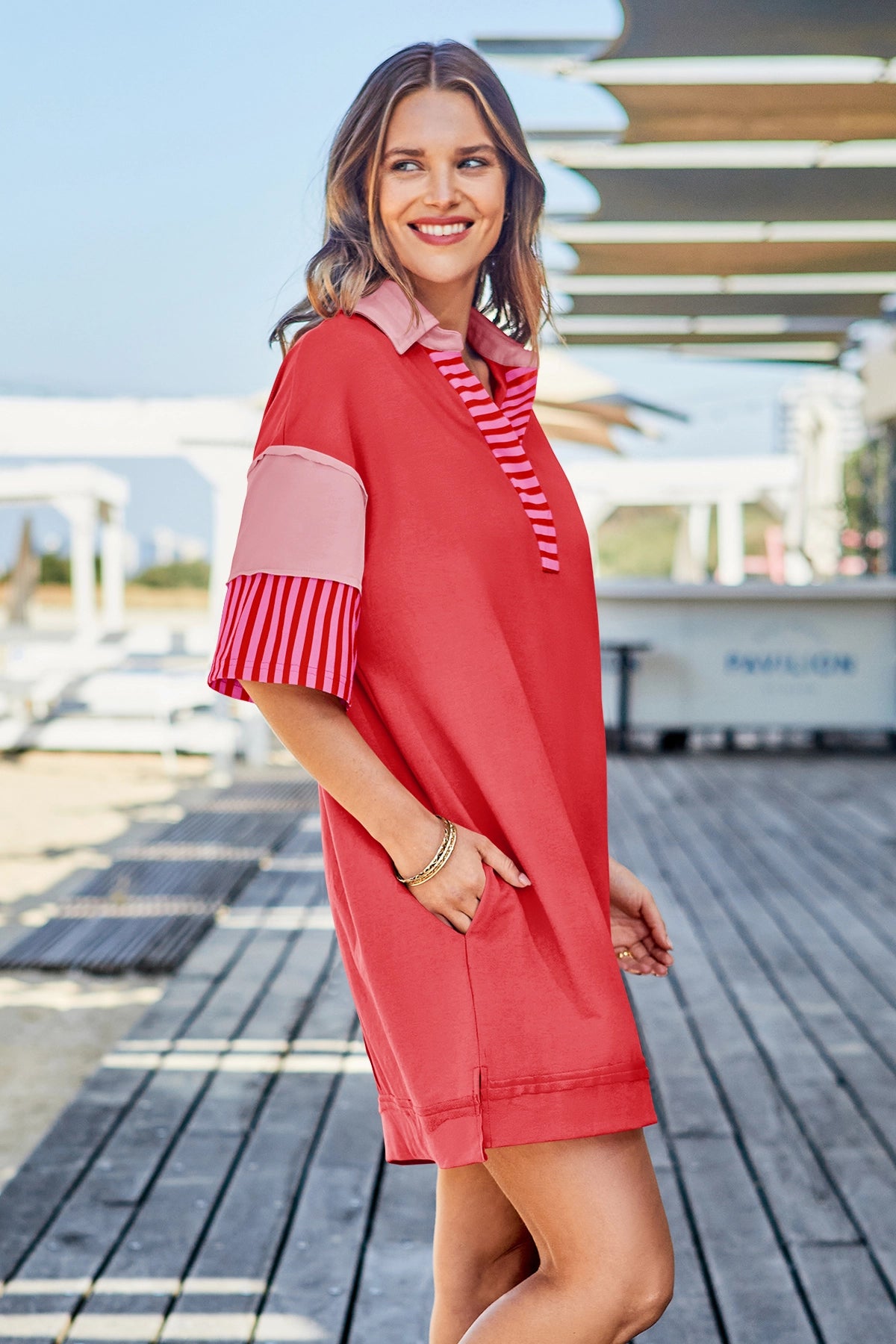 Wenrine Women's Red Color Block Polo Sweatshirt Dress