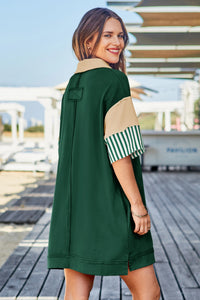 Wenrine Women's Dark Green Color Block Polo Sweatshirt Dress