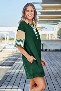 Wenrine Women's Dark Green Color Block Polo Sweatshirt Dress