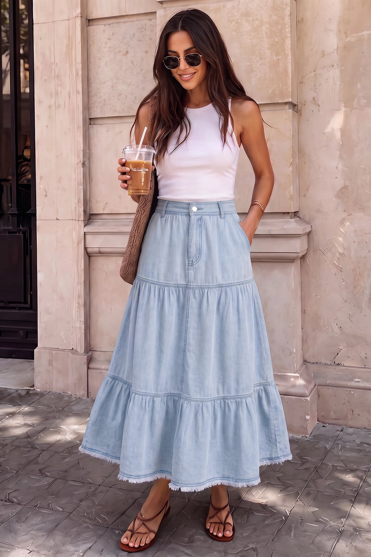 Wenrine Womens Light Blue Long Denim Skirt