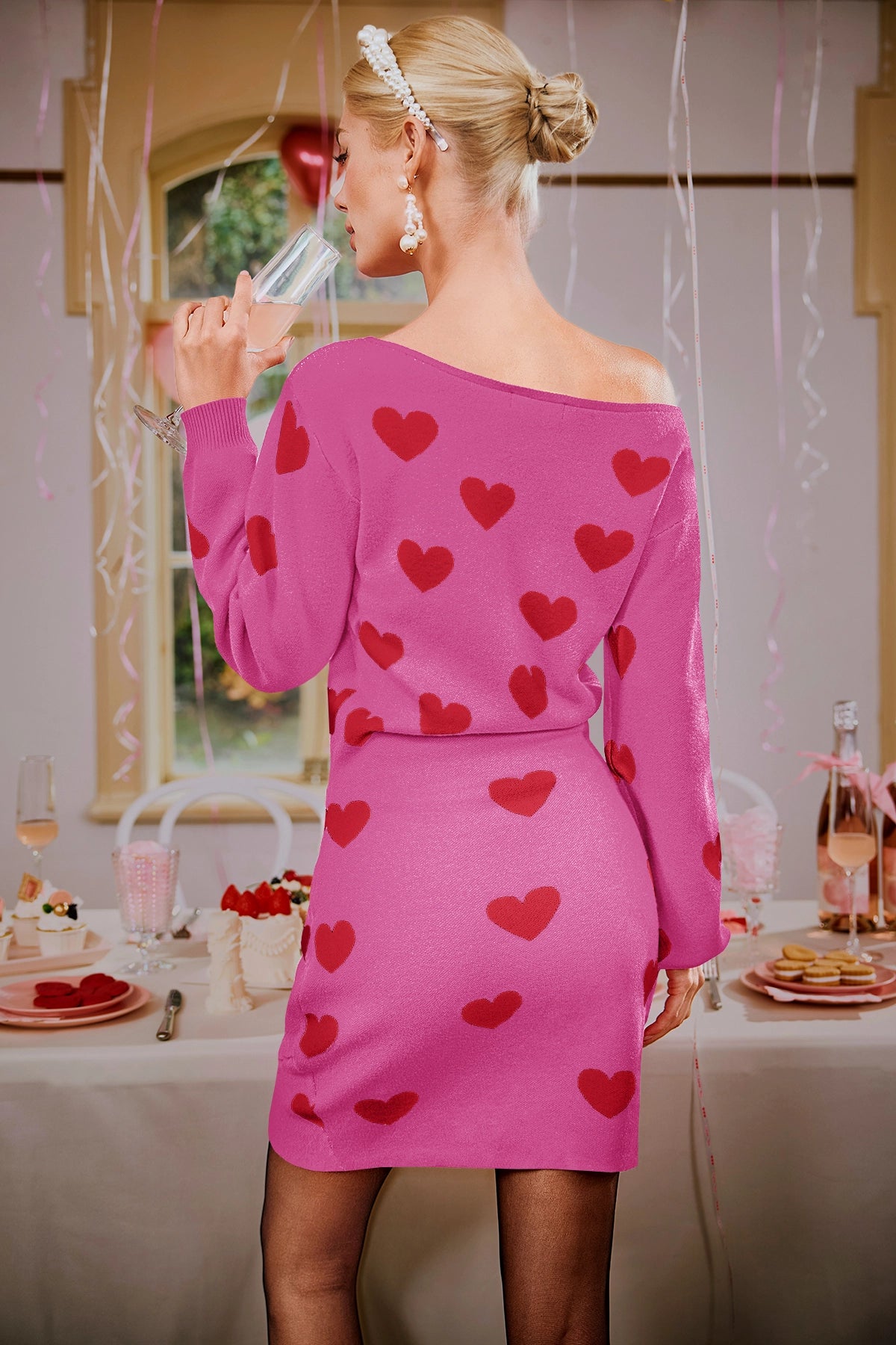 Wenrine Womens Pink Off Shoulder Sweater Mini Dress