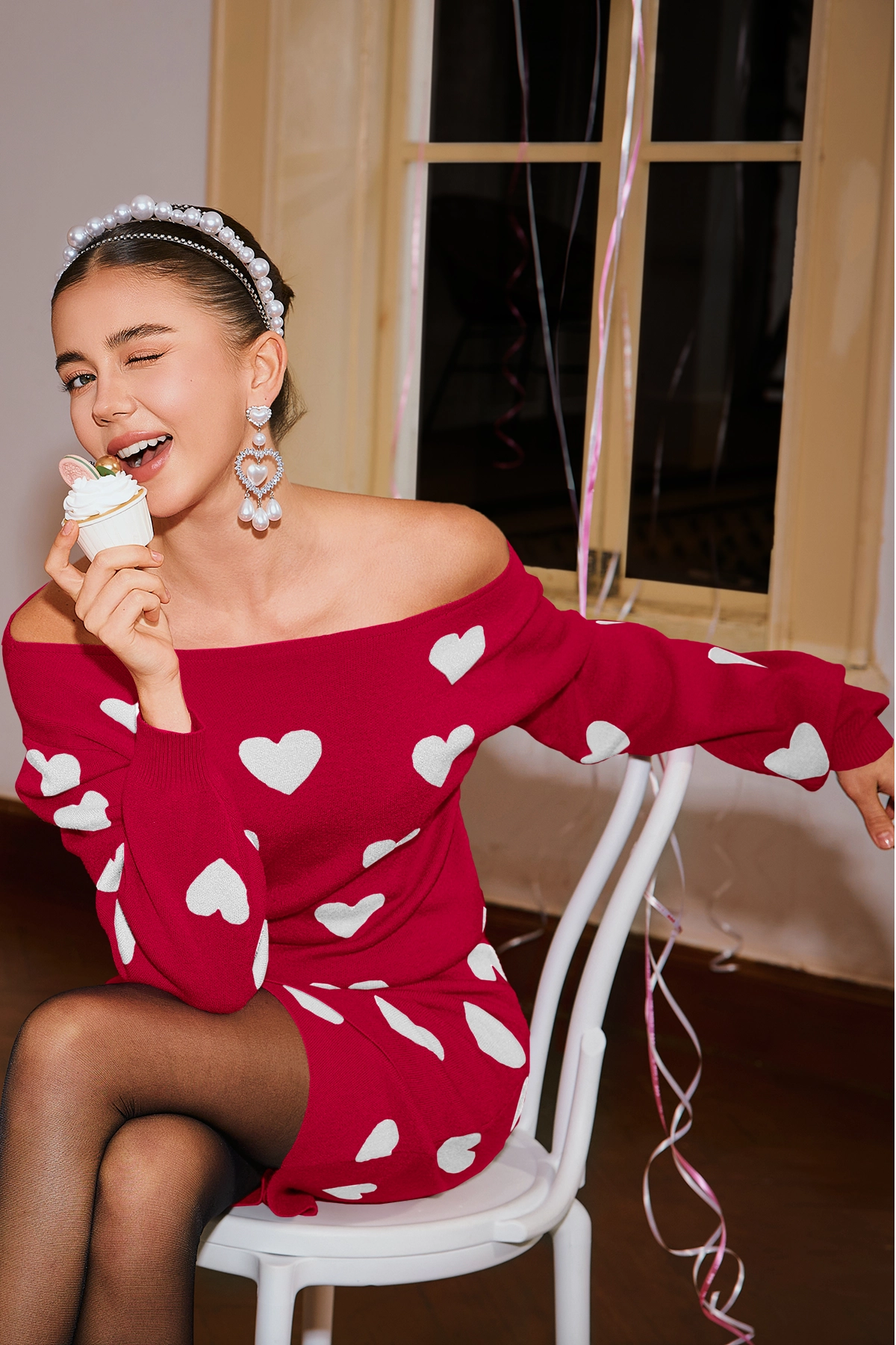 Wenrine Womens Red Off Shoulder Sweater Mini Dress