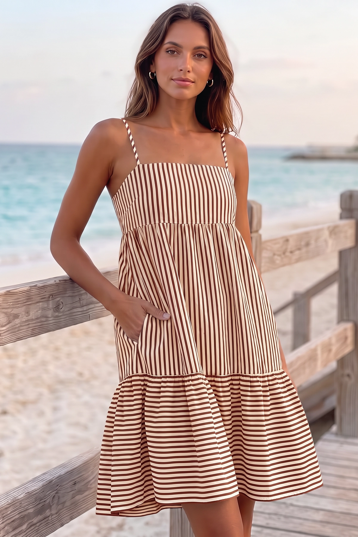 Wenrine Womens Red Summer Striped Mini Dress