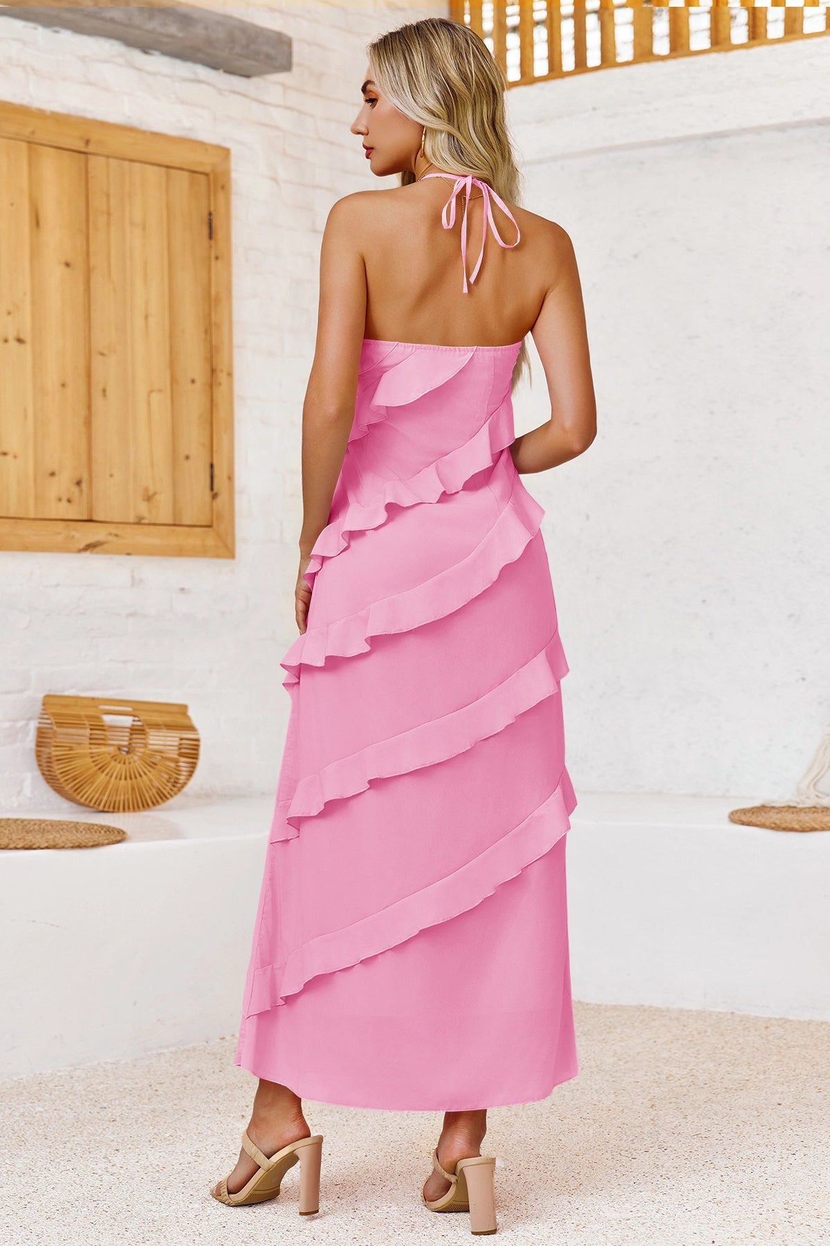 Wenrine Womens Pink Sexy Chiffon Halter Maxi Dress