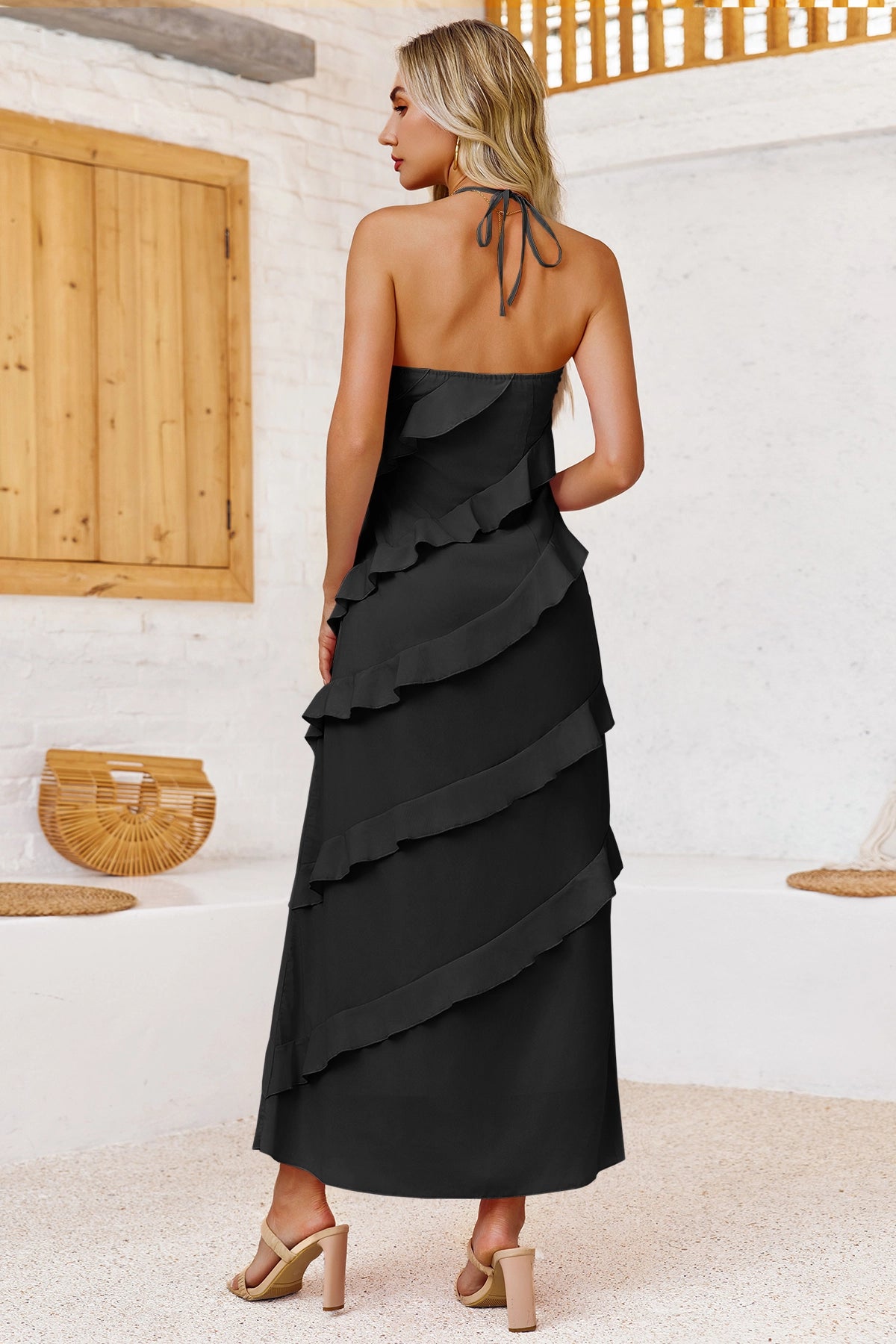 Wenrine Womens Black  Sexy Chiffon Halter Maxi Dress