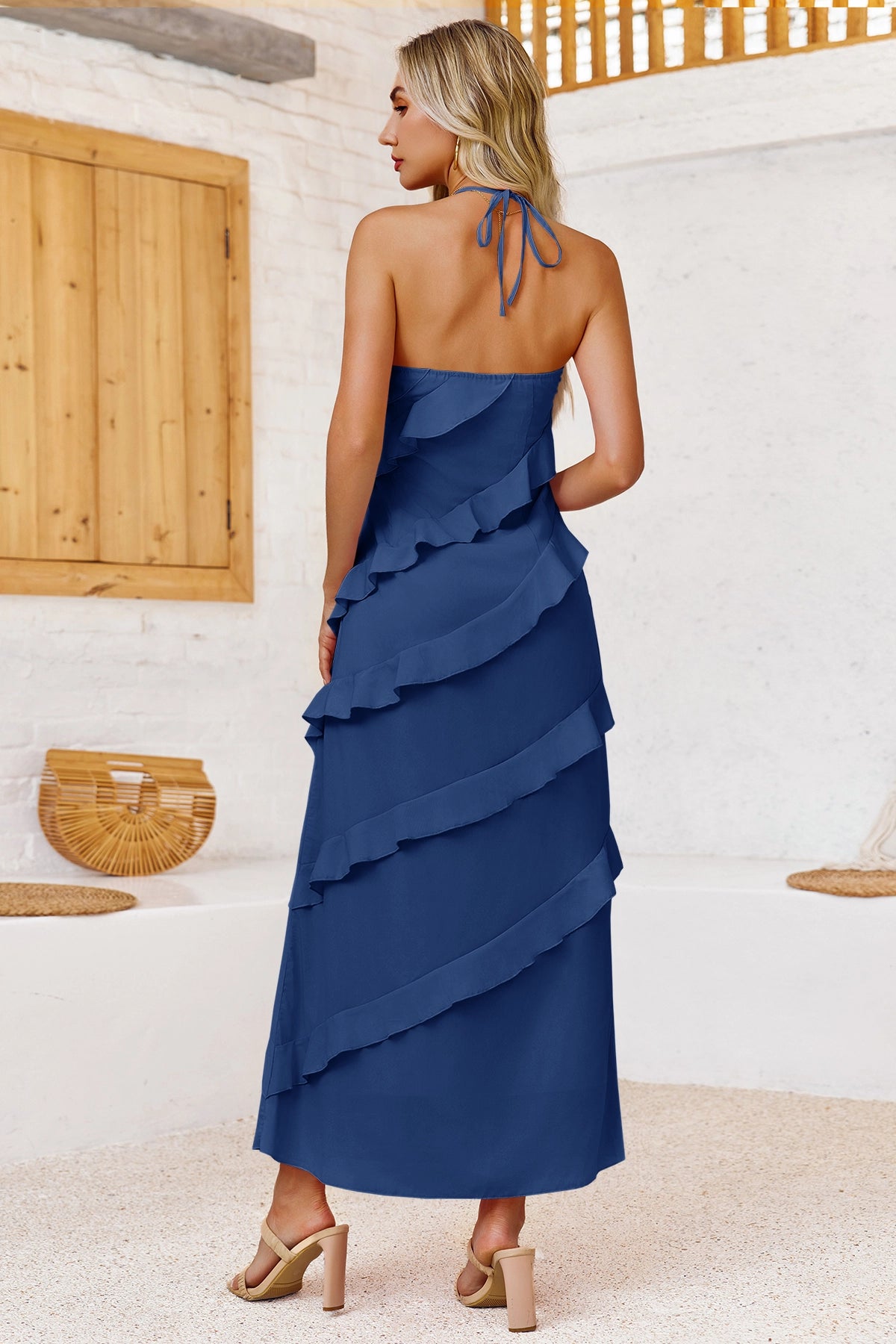Wenrine Womens Navy Chiffon Halter Maxi Dress