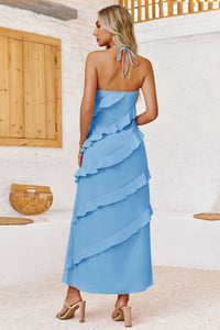 Wenrine Womens Light Blue Chiffon Halter Maxi Dress
