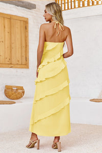 Wenrine Womens Yellow Sexy Chiffon Halter Maxi Dress