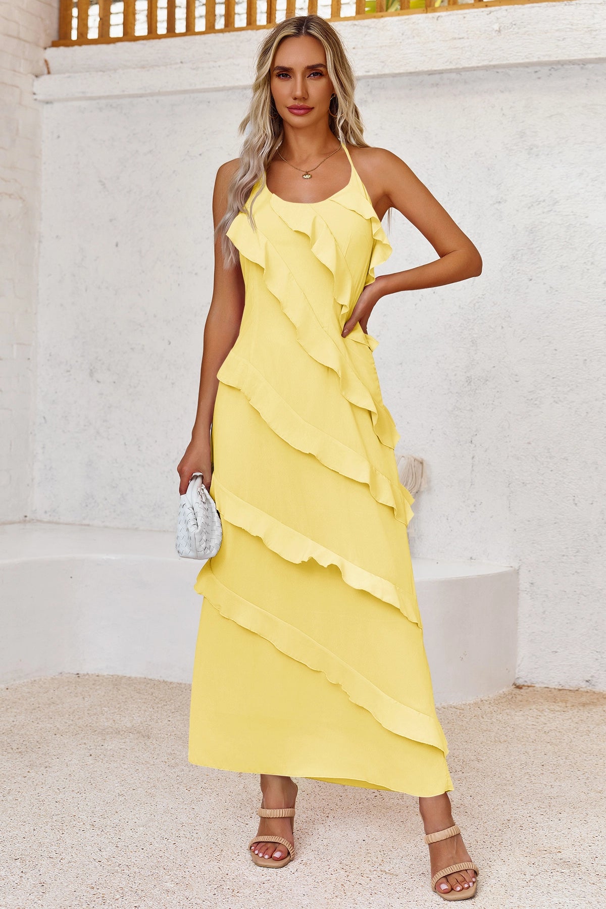 Wenrine Womens Yellow Sexy Chiffon Halter Maxi Dress