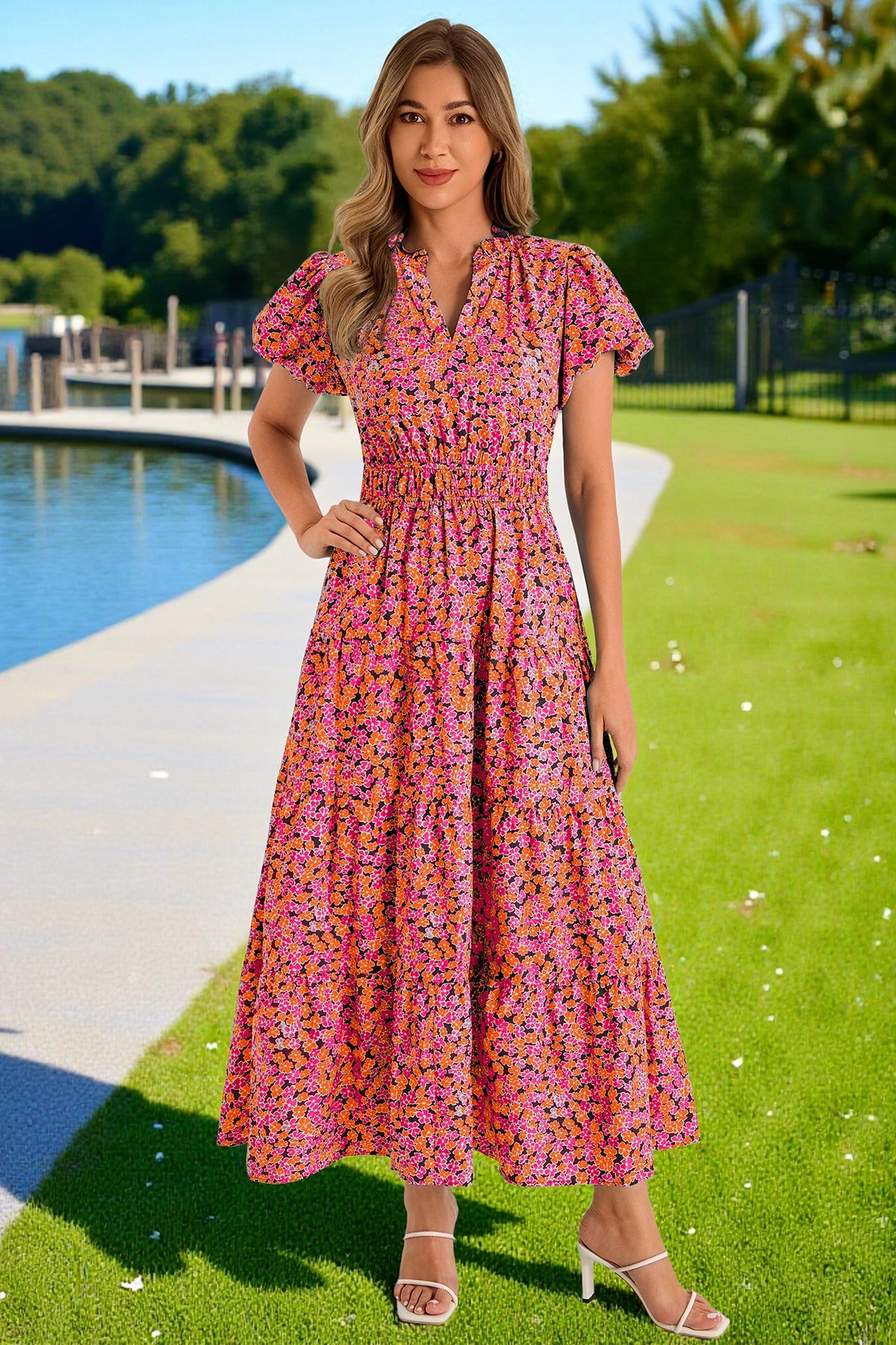 Wenrine Womens Red Floral Puff Short Sleeve Beach Dresses