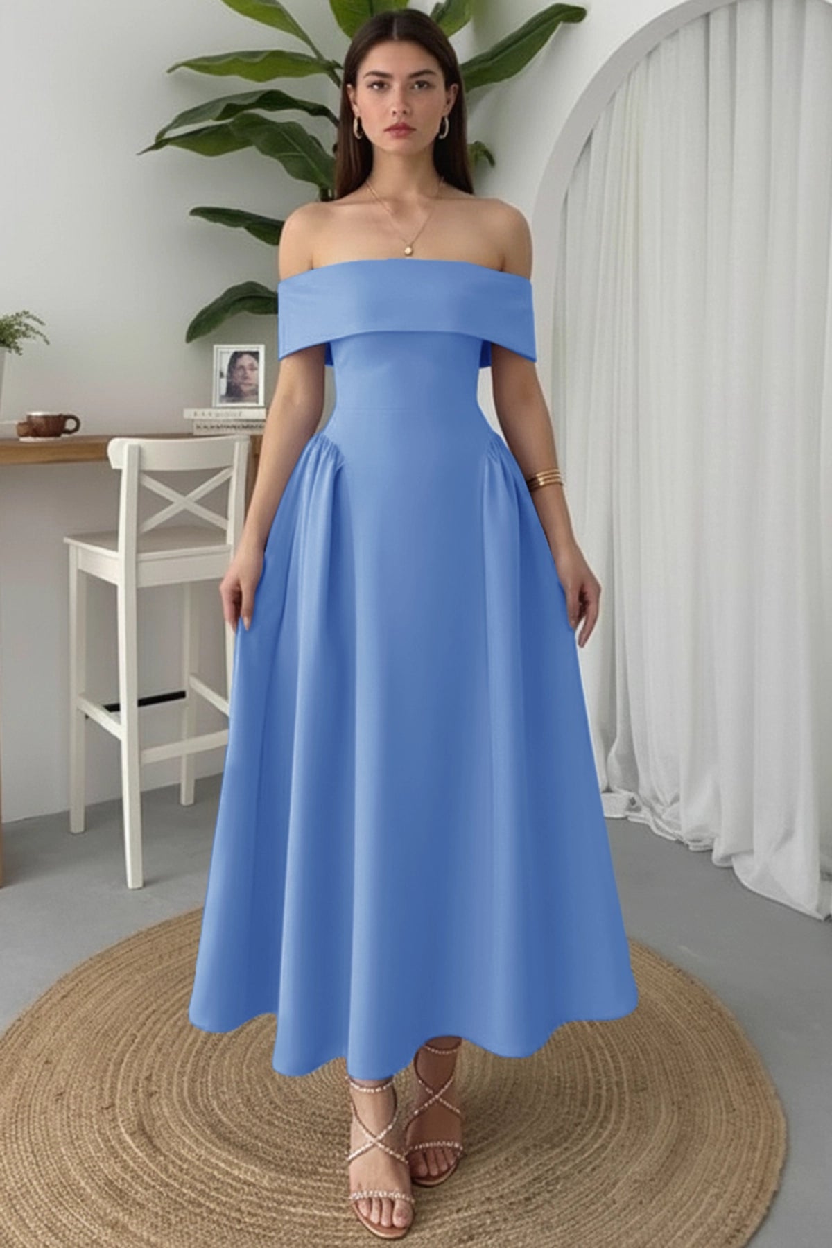 Wenrine Women's Light Blue Pleated A Line Swing Flowy Dress