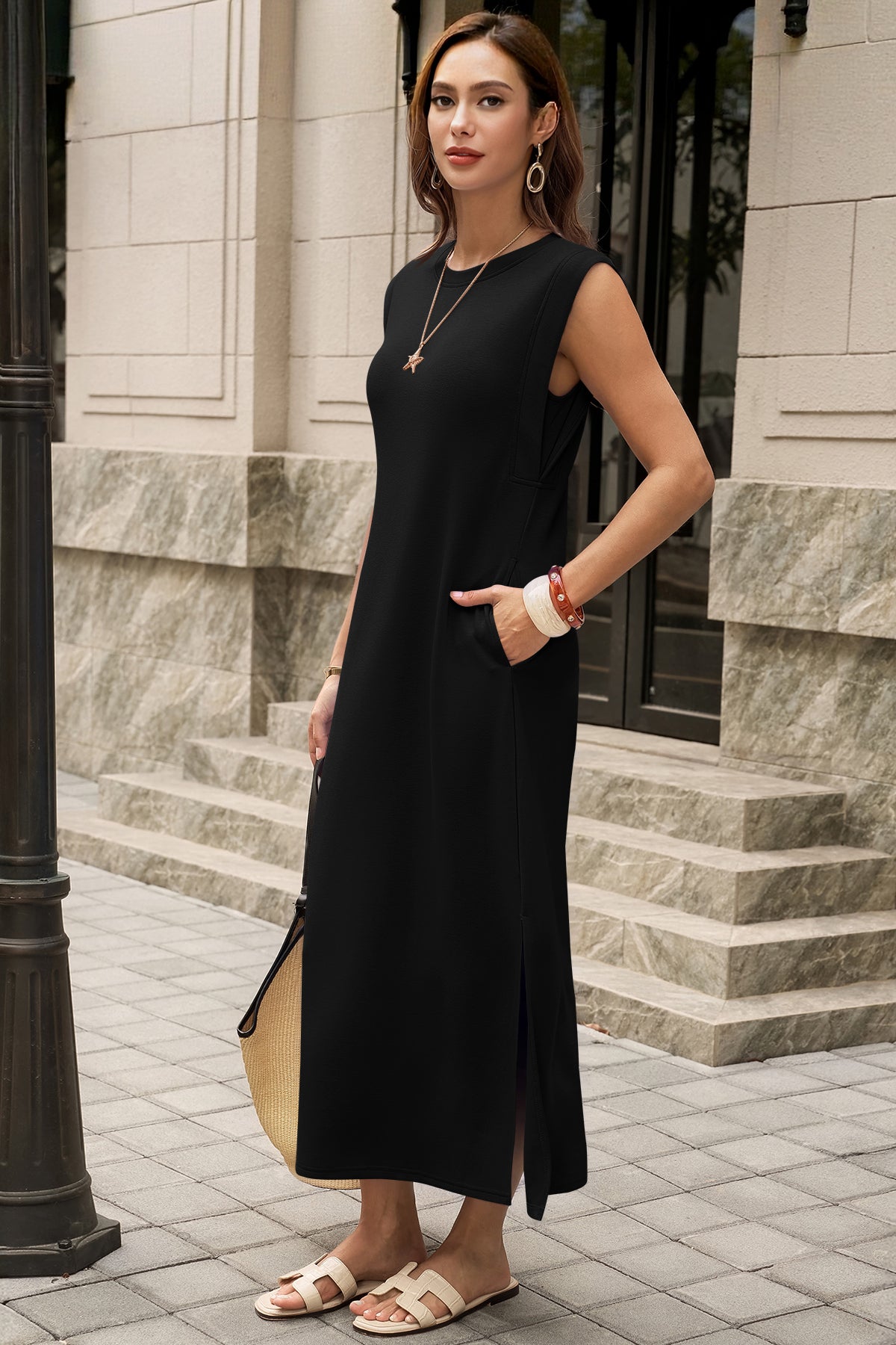 Wenrine Womens Black Maxi Side Slit Vacation Dresses