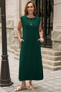 Wenrine Womens Dark Green Maxi Side Slit Vacation Dresses