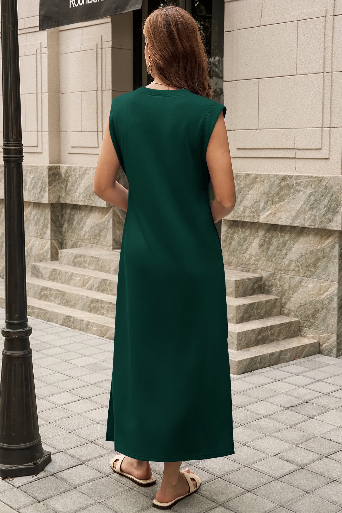 Wenrine Womens Dark Green Maxi Side Slit Vacation Dresses