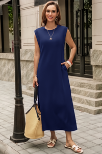 Wenrine Womens Navy Maxi Side Slit Vacation Dresses