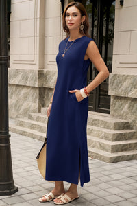 Wenrine Womens Navy Maxi Side Slit Vacation Dresses