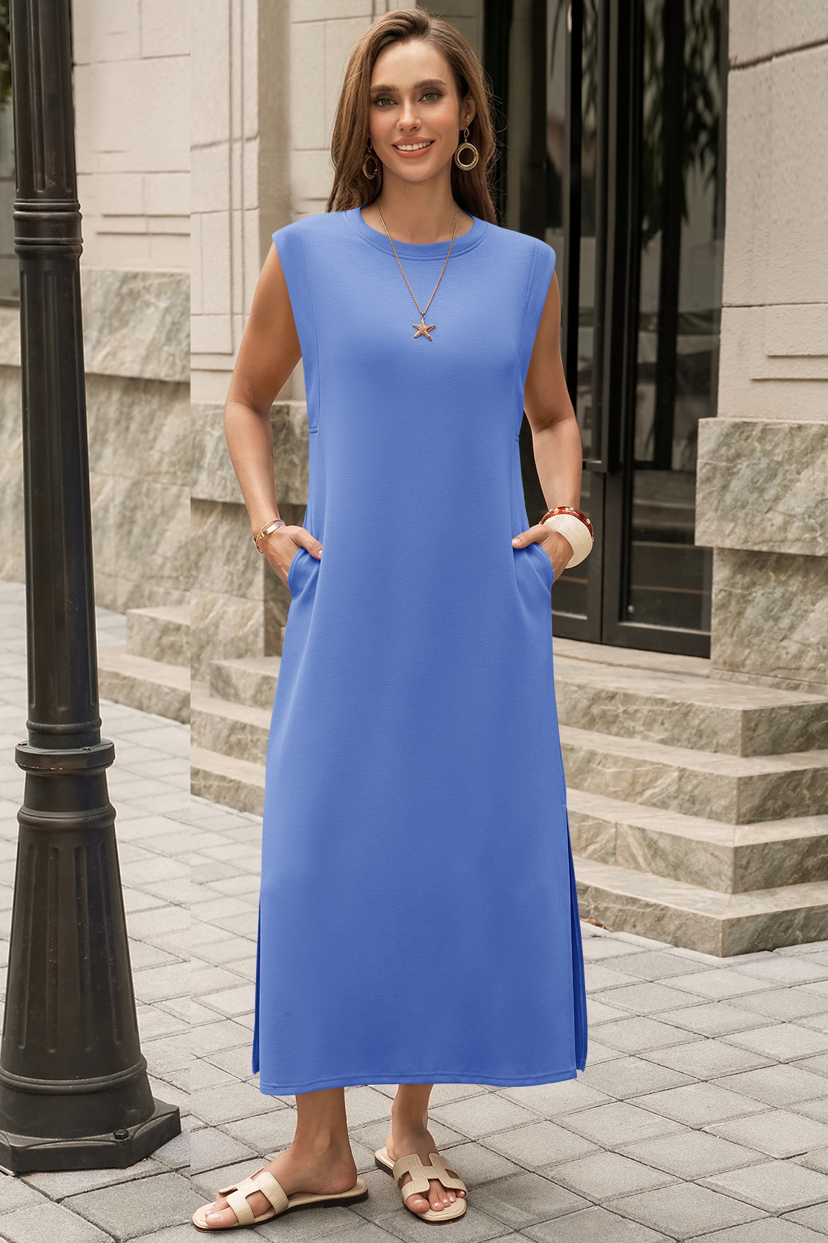 Wenrine Womens Light Blue Maxi Side Slit Vacation Dresses