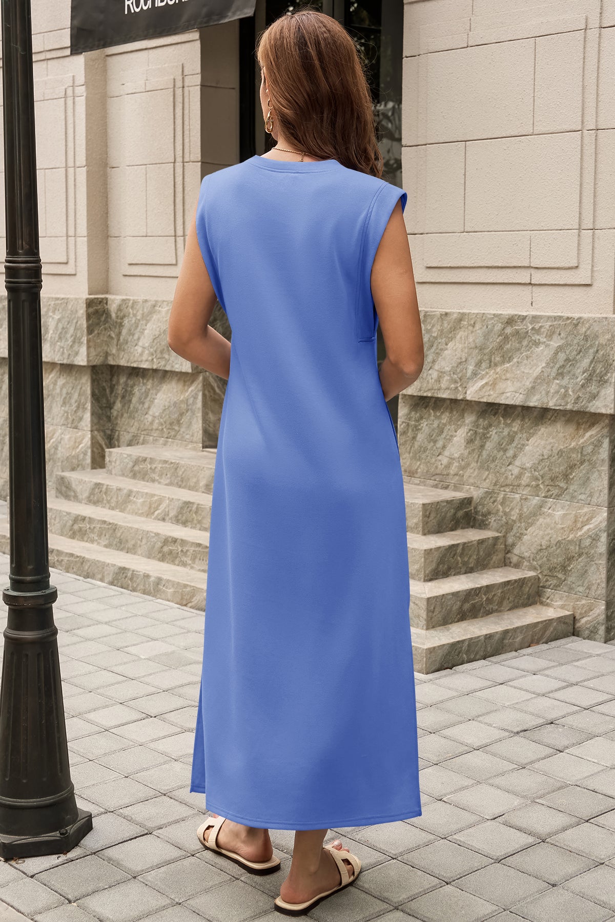Wenrine Womens Light Blue Maxi Side Slit Vacation Dresses