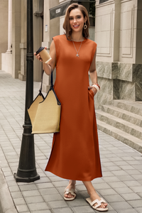 Wenrine Womens Orange Red Maxi Side Slit Vacation Dresses
