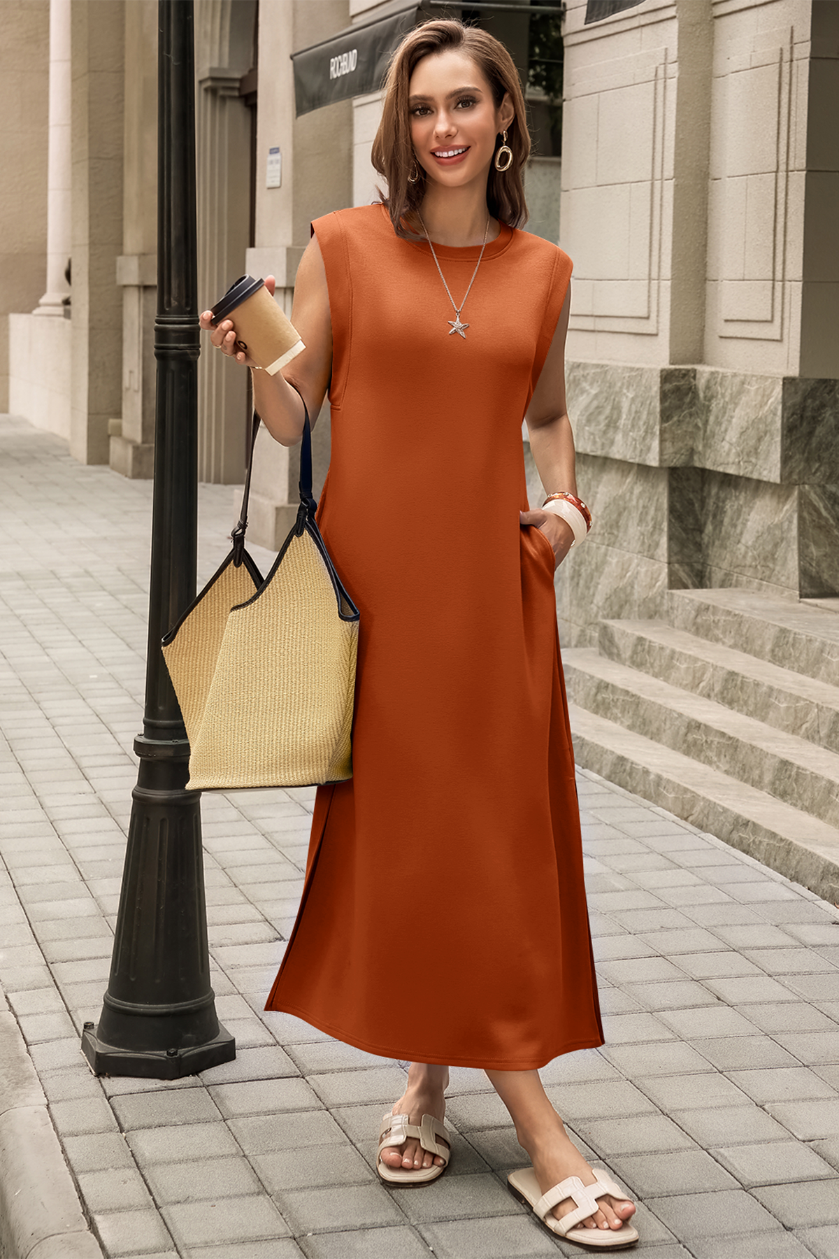 Wenrine Womens Orange Red Maxi Side Slit Vacation Dresses
