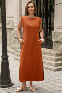 Wenrine Womens Orange Red Maxi Side Slit Vacation Dresses