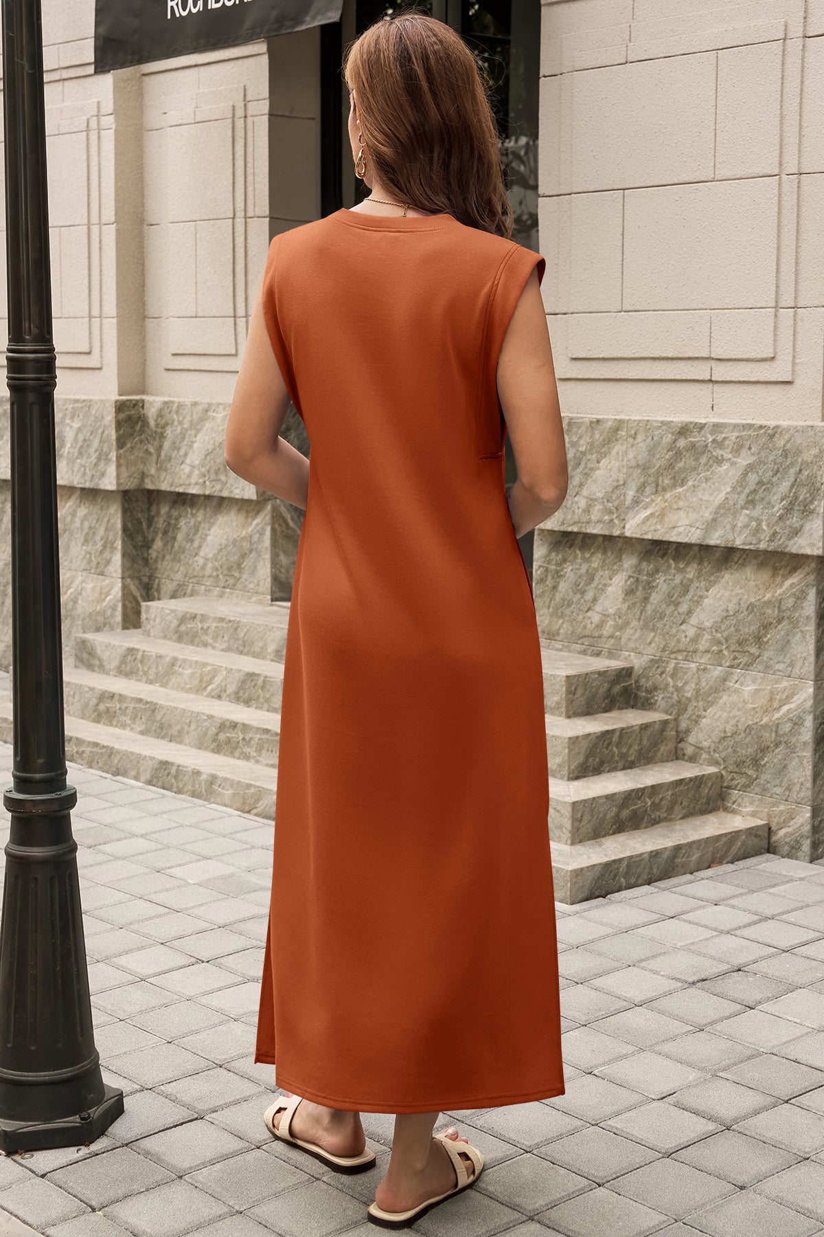 Wenrine Womens Orange Red Maxi Side Slit Vacation Dresses