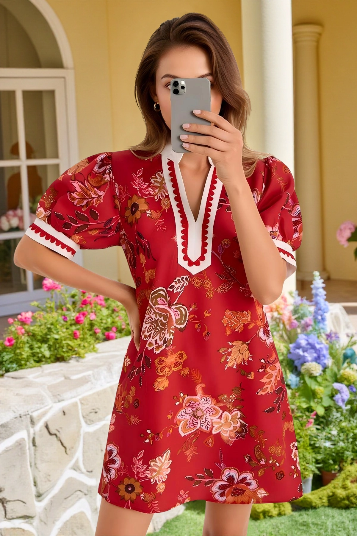 Wenrine Womens Red Floral Puff Sleeve Color Block Dresses
