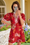 Wenrine Womens Red Floral Puff Sleeve Color Block Dresses