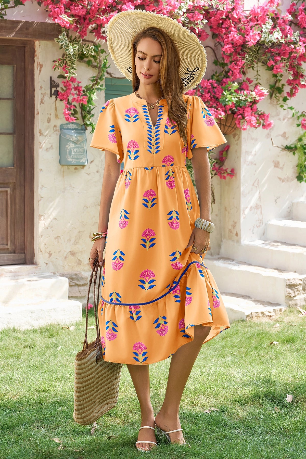 Wenrine Womens Orange Floral Short Sleeve V Neck Ruffle Sundress