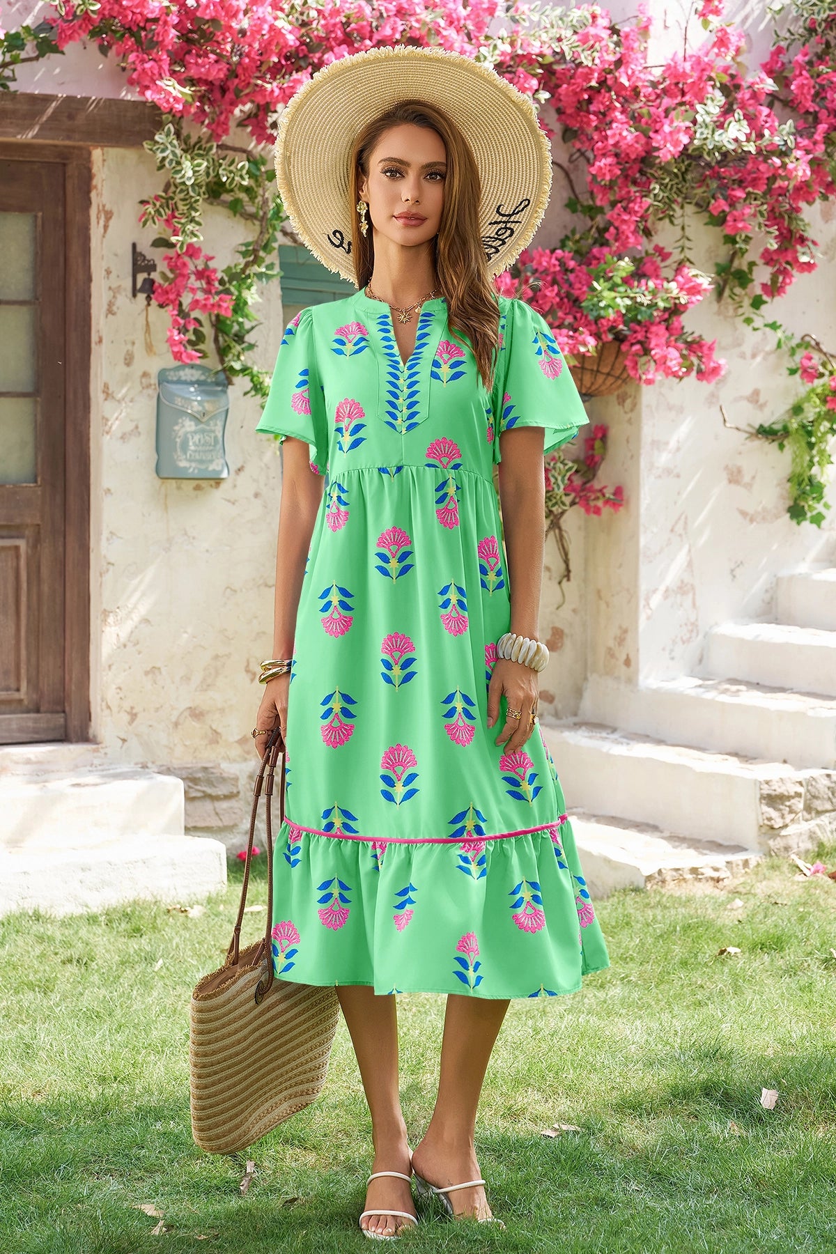 Wenrine Womens Green Floral Short Sleeve V Neck Ruffle Sundress