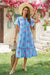 Wenrine Womens Light Blue Floral Short Sleeve V Neck Ruffle Sundress