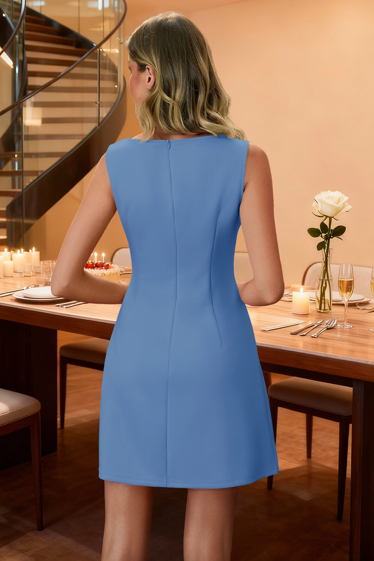 Wenrine Womens Blue Sleeveless Mini Dress