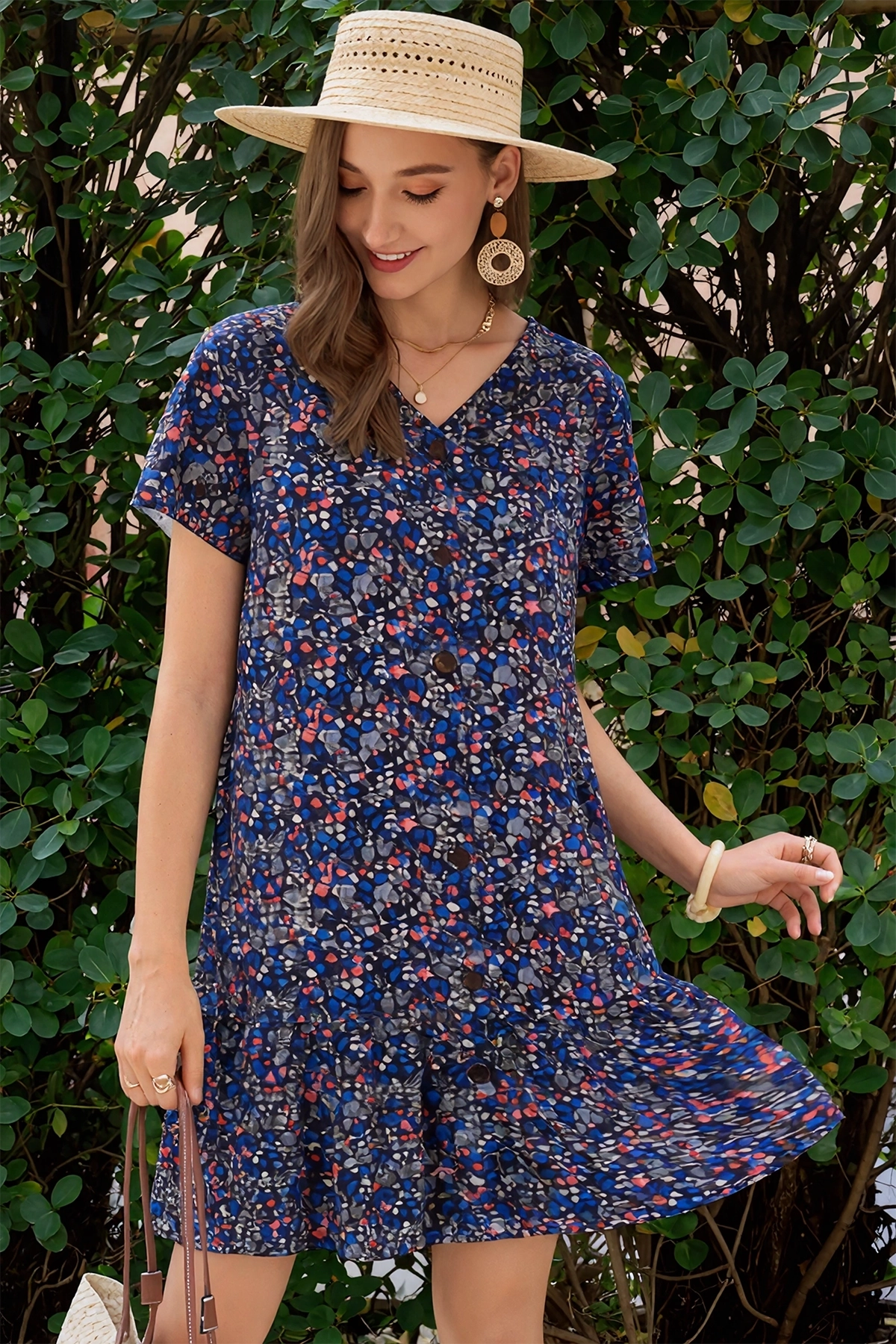 Wenrine Womens Black Floral Ruffle Short Sleeve T-Shirt Dresses