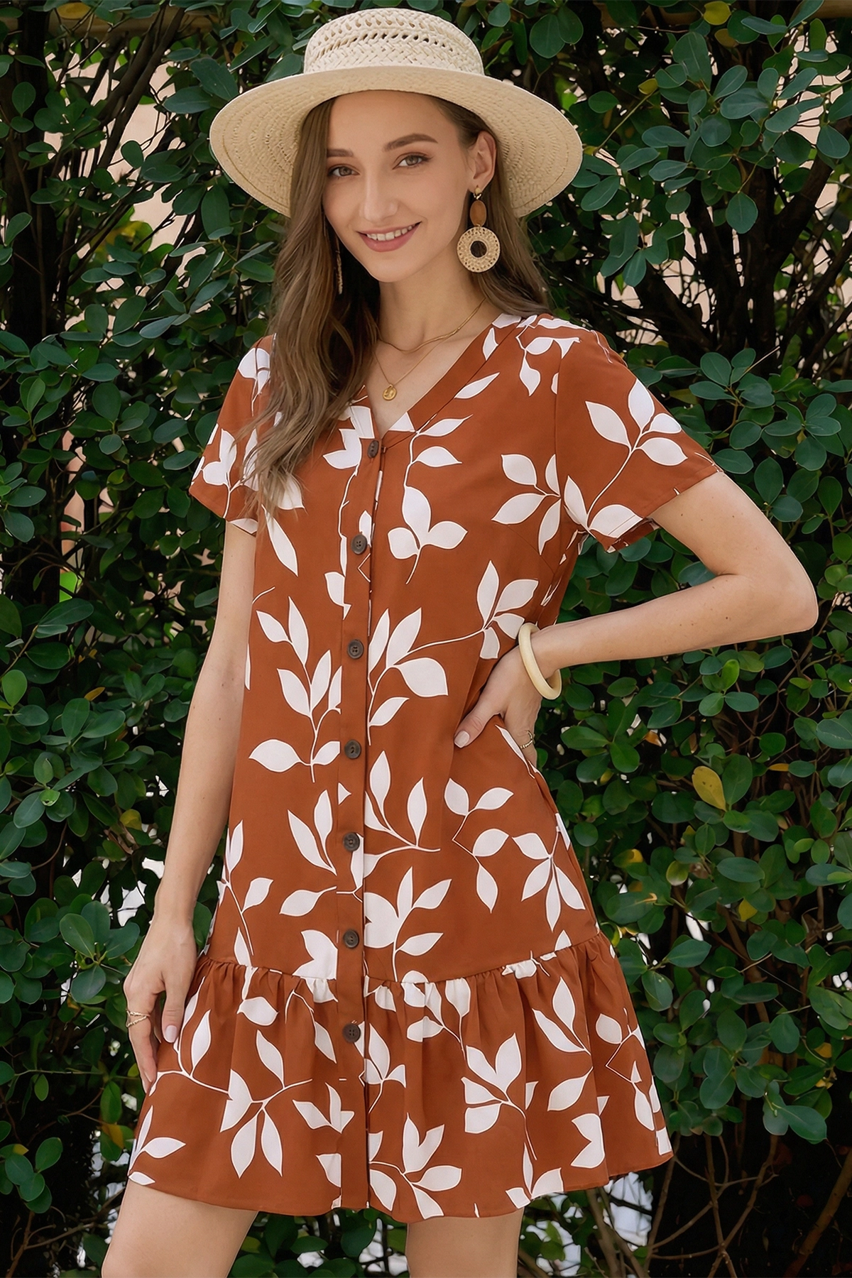Wenrine Womens Caramel Floral Ruffle Short Sleeve T-Shirt Dresses