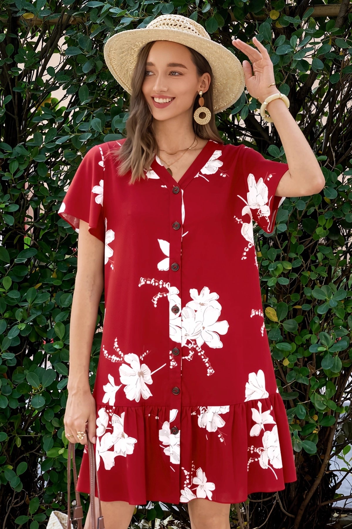Wenrine Womens Red Floral Ruffle Short Sleeve T-Shirt Dresses