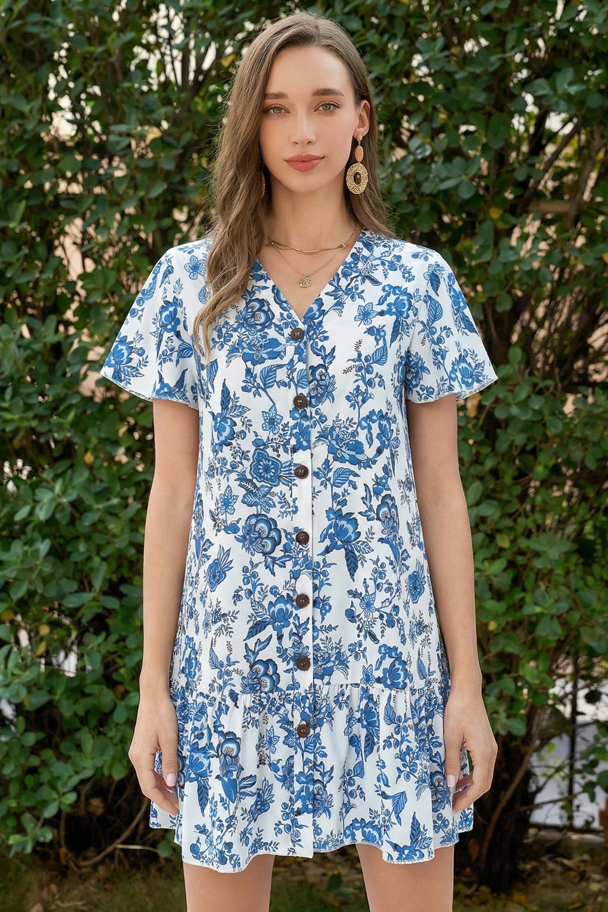 Wenrine Womens Sky Blue Floral Ruffle Short Sleeve T-Shirt Dresses