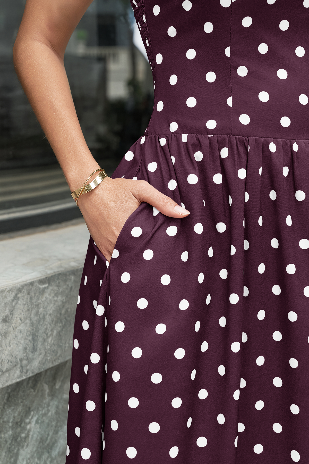 Wenrine Womens Brown Polka Dot Smocked Maxi Dresses