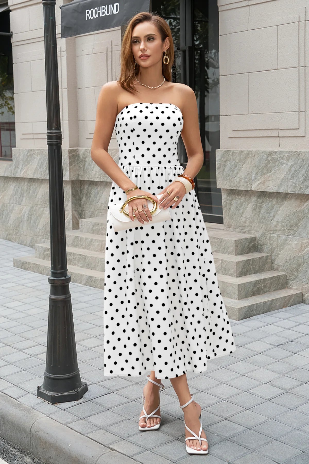 Wenrine Womens White Polka Dot Smocked Maxi Dresses