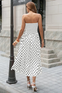 Wenrine Womens White Polka Dot Smocked Maxi Dresses