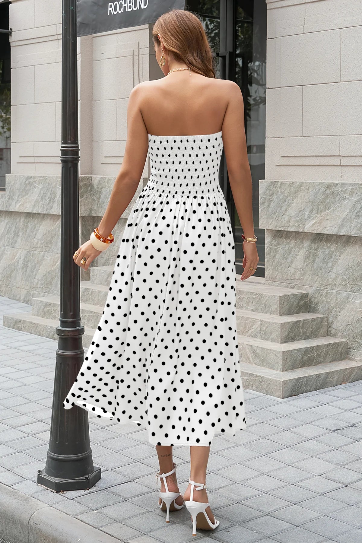 Wenrine Womens White Polka Dot Smocked Maxi Dresses