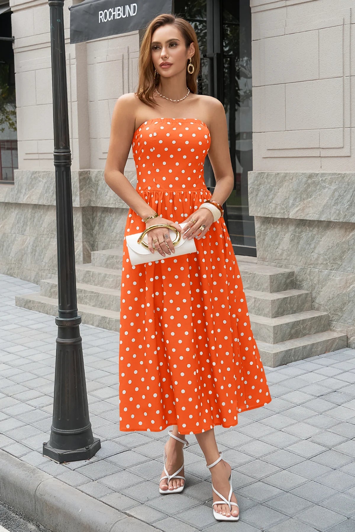 Wenrine Womens Orange Polka Dot Smocked Maxi Dresses