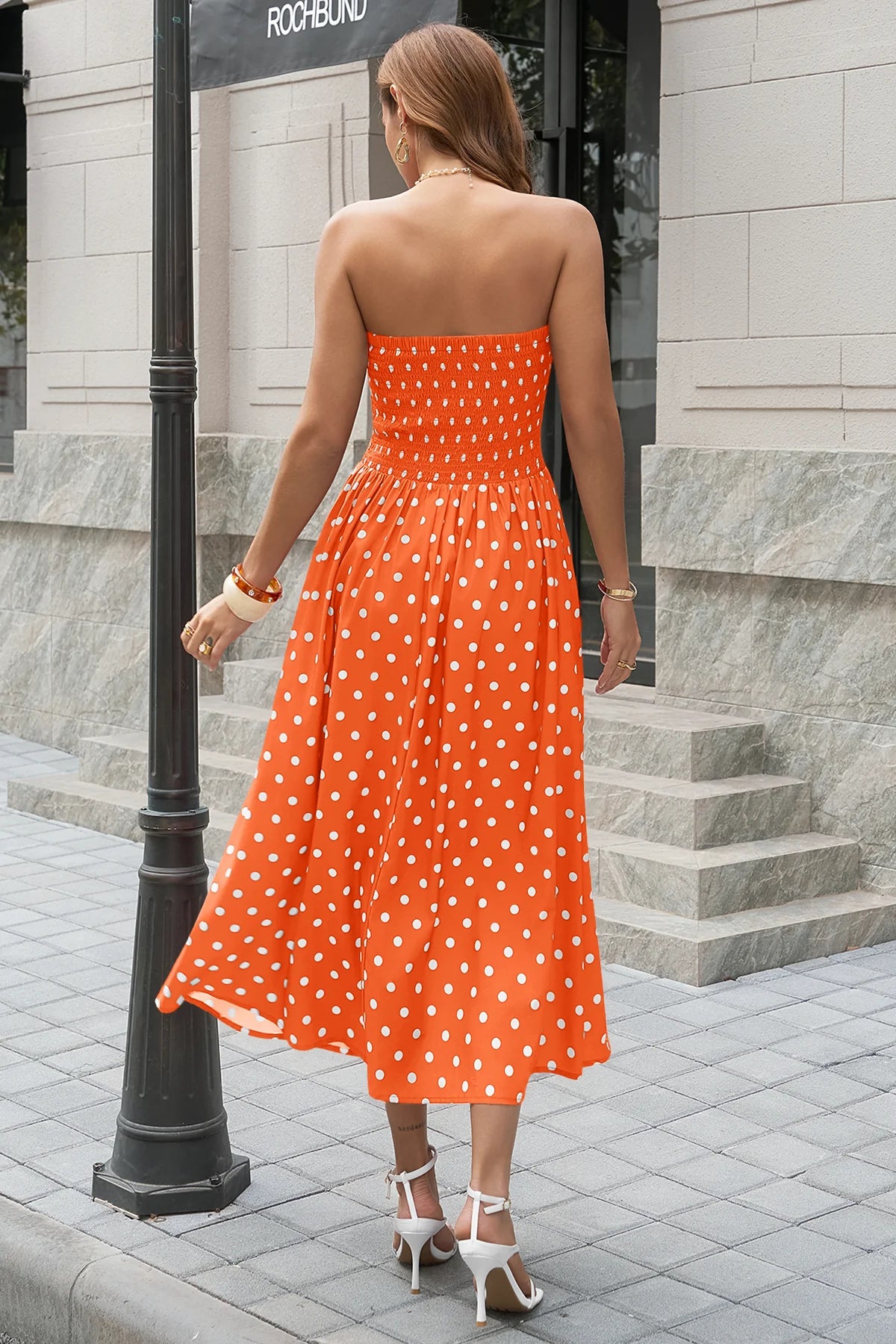 Wenrine Womens Orange Polka Dot Smocked Maxi Dresses